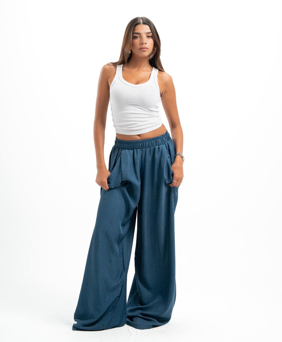 Blue Pleated Linen Pants