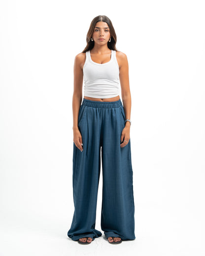 Blue Pleated Linen Pants