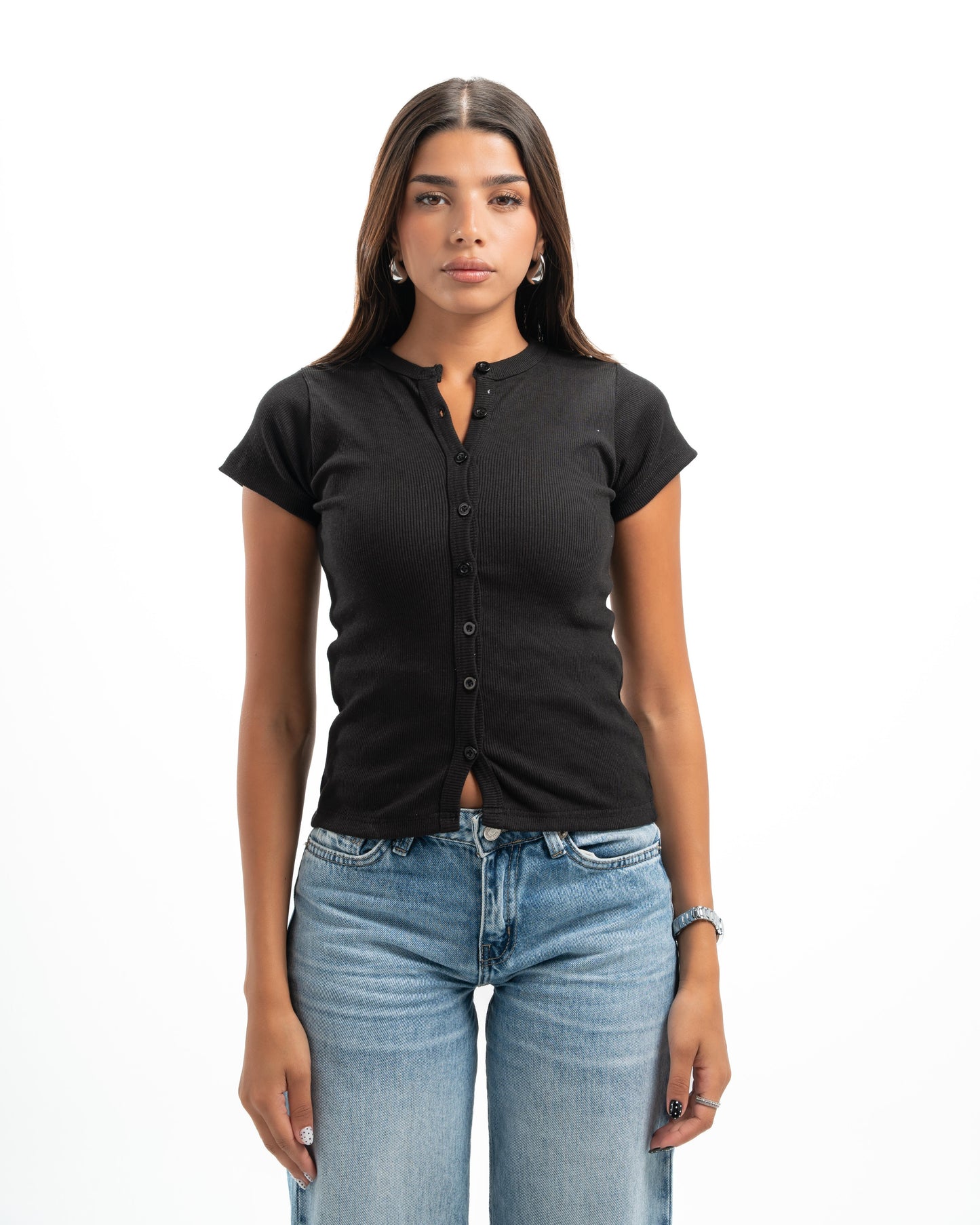 Black Buttoned Ribbed Top