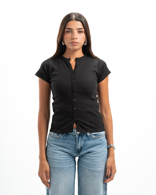 Black Buttoned Ribbed Top
