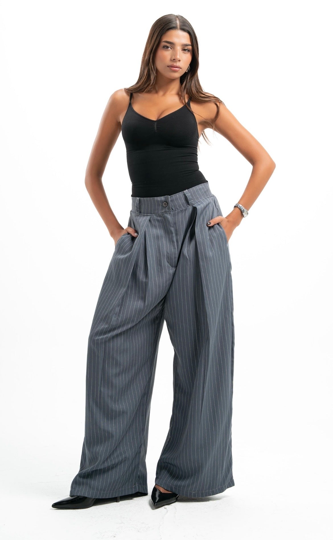 Grey Pinstripe Tailored Pants